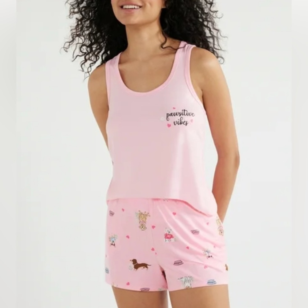 Joyspun Pajama Set Size M Pink Pawsitive Vibes Tank Shorts Sleepwear